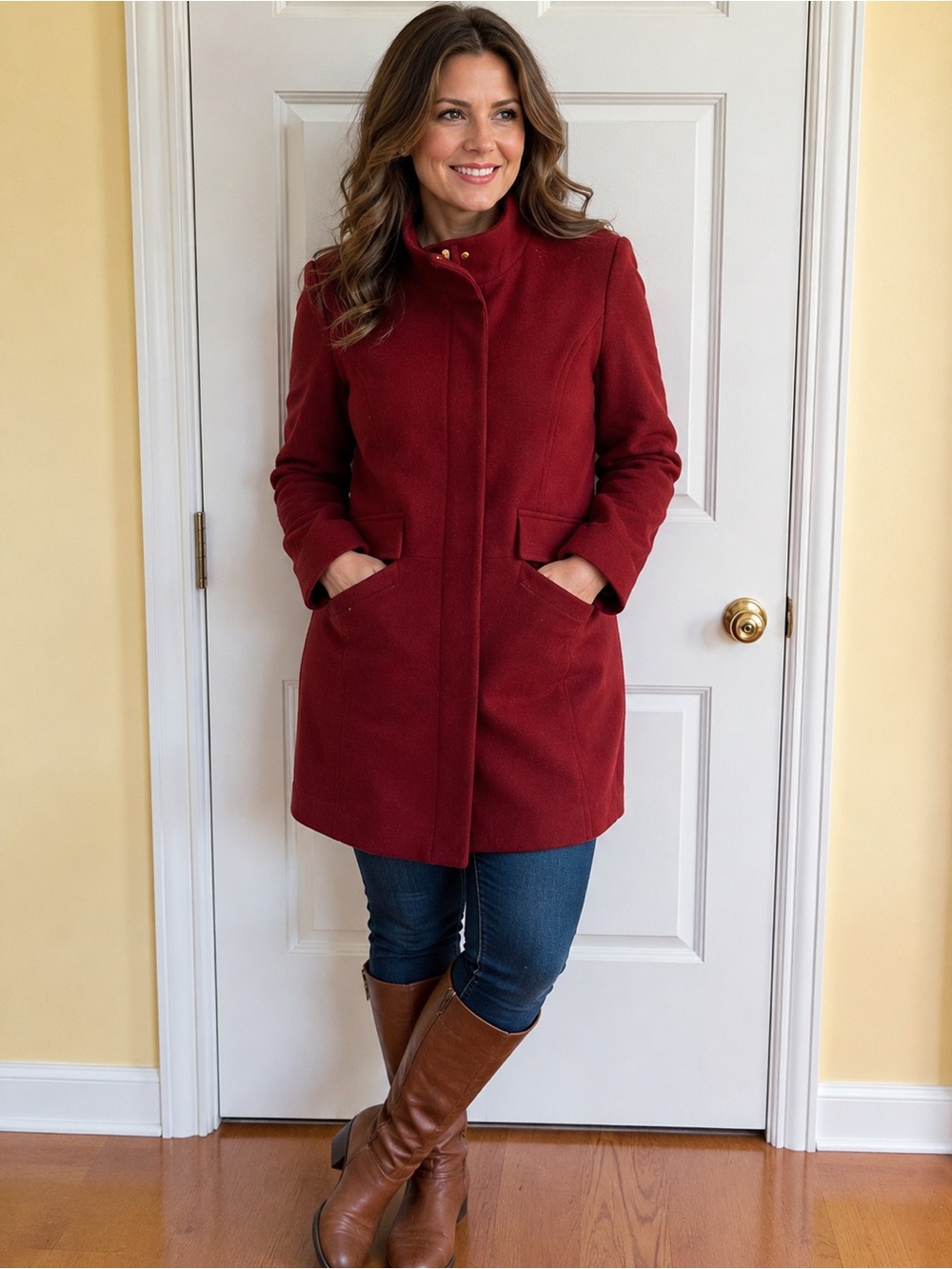 Cole Haan Women’s Size 12 Burgundy Wool Blend Coat Gold Hardware Classic EUC